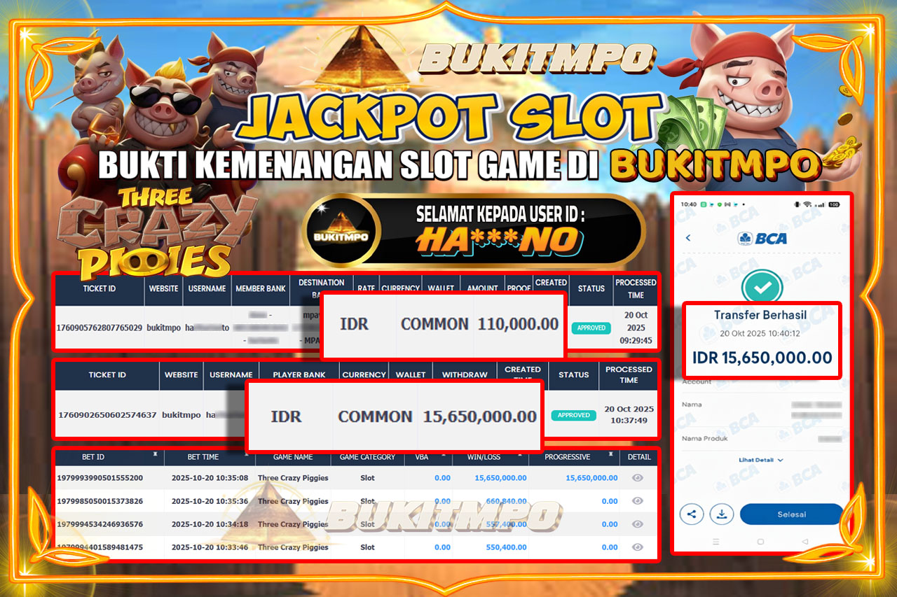 BUKITMPO JACKPOT THREE CRAZY PIGGIES - PG SOFT Rp.15.650.000,- LUNAS